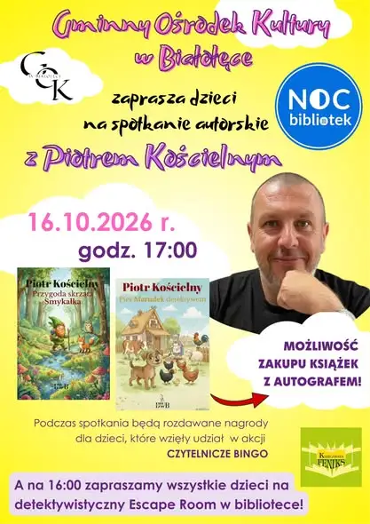 Noc Bibliotek 2026: spotkanie z Piotrem Kościelnym, Escape Room i wieczorek taneczny