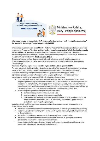 Nabór wniosków do programu „Asystent osobisty osoby z niepełnosprawnością” – edycja 2027
