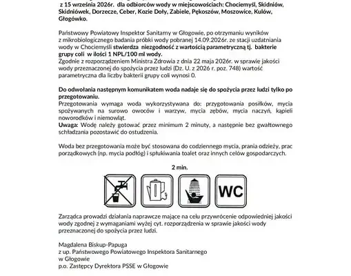 Woda z wodociągu w Chociemyśli wymaga przegotowania – komunikat sanepidu dla mieszkańców gminy Kotla