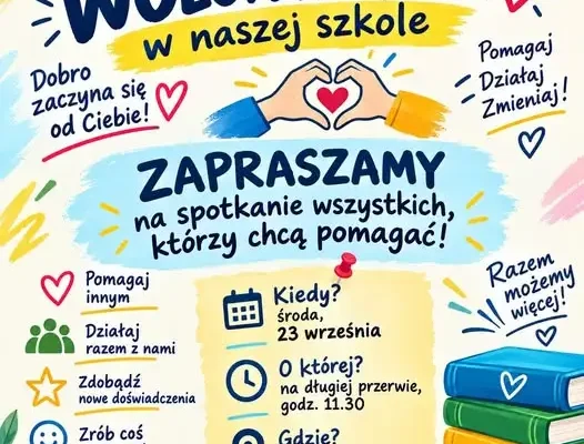 Szkolny wolontariat zaprasza na spotkanie organizacyjne w bibliotece