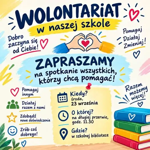 Szkolny wolontariat zaprasza na spotkanie organizacyjne w bibliotece