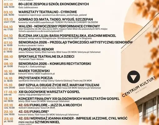 Październik w Centrum Kultury w Głogowie: jazz, teatr, wystawy i Senioriada 2026