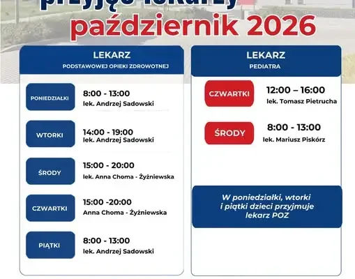 Harmonogram przyjęć lekarzy w Ośrodku Zdrowia w Jerzmanowej – Październik 2026