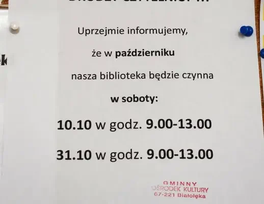 Biblioteka w Białejłęce zaprasza w październikowe soboty