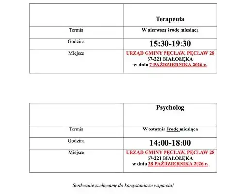 Bezpłatne wsparcie specjalistów w Gminie Pęcław – harmonogram dyżurów