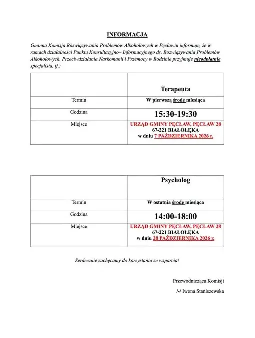 Bezpłatne wsparcie specjalistów w Gminie Pęcław – harmonogram dyżurów