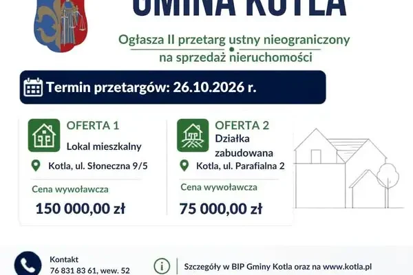 Gmina Kotla wystawia na sprzedaż lokal mieszkalny i nieruchomość zabudowaną – II przetarg 26 października