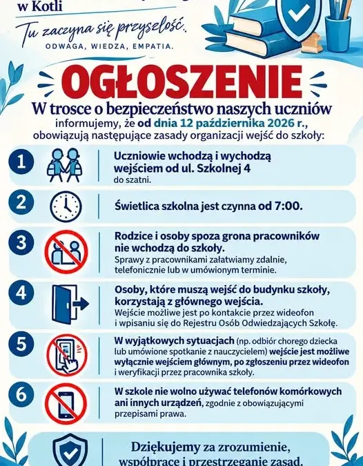 Szkoła Podstawowa w Kotli wprowadza nowe zasady wejść do budynku