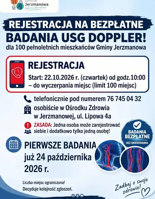 Bezpłatne USG Doppler w Gminie Jerzmanowa – rejestracja startuje 22 października